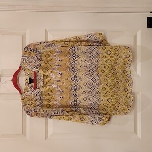 Ann Taylor Factory Boho Blouse. White, Navy, Tan, Chartreuse pattern. Medium